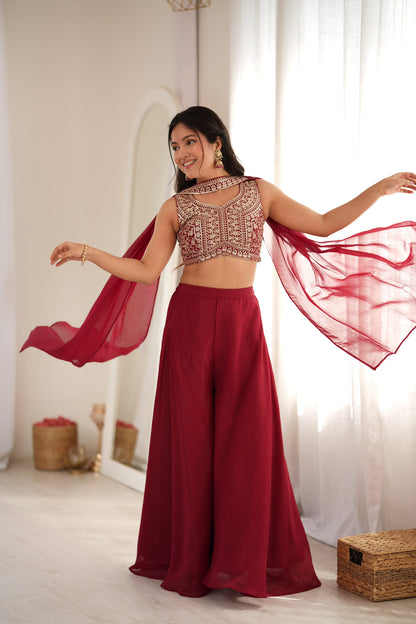 Designer Indo-Western Crunchy Silk Crop Top Palazzo Set With Neck Belt Dupatta