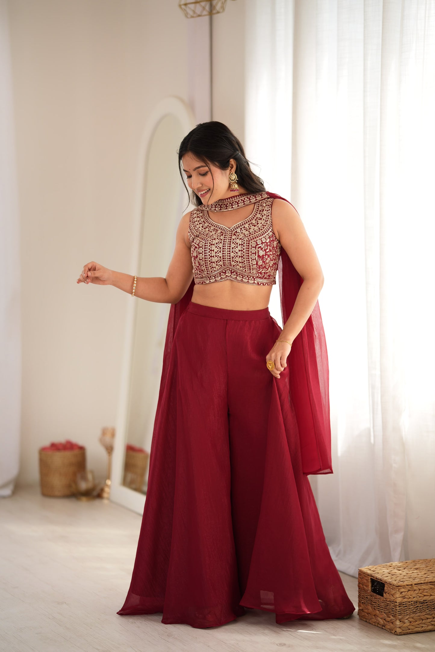 Designer Indo-Western Crunchy Silk Crop Top Palazzo Set With Neck Belt Dupatta