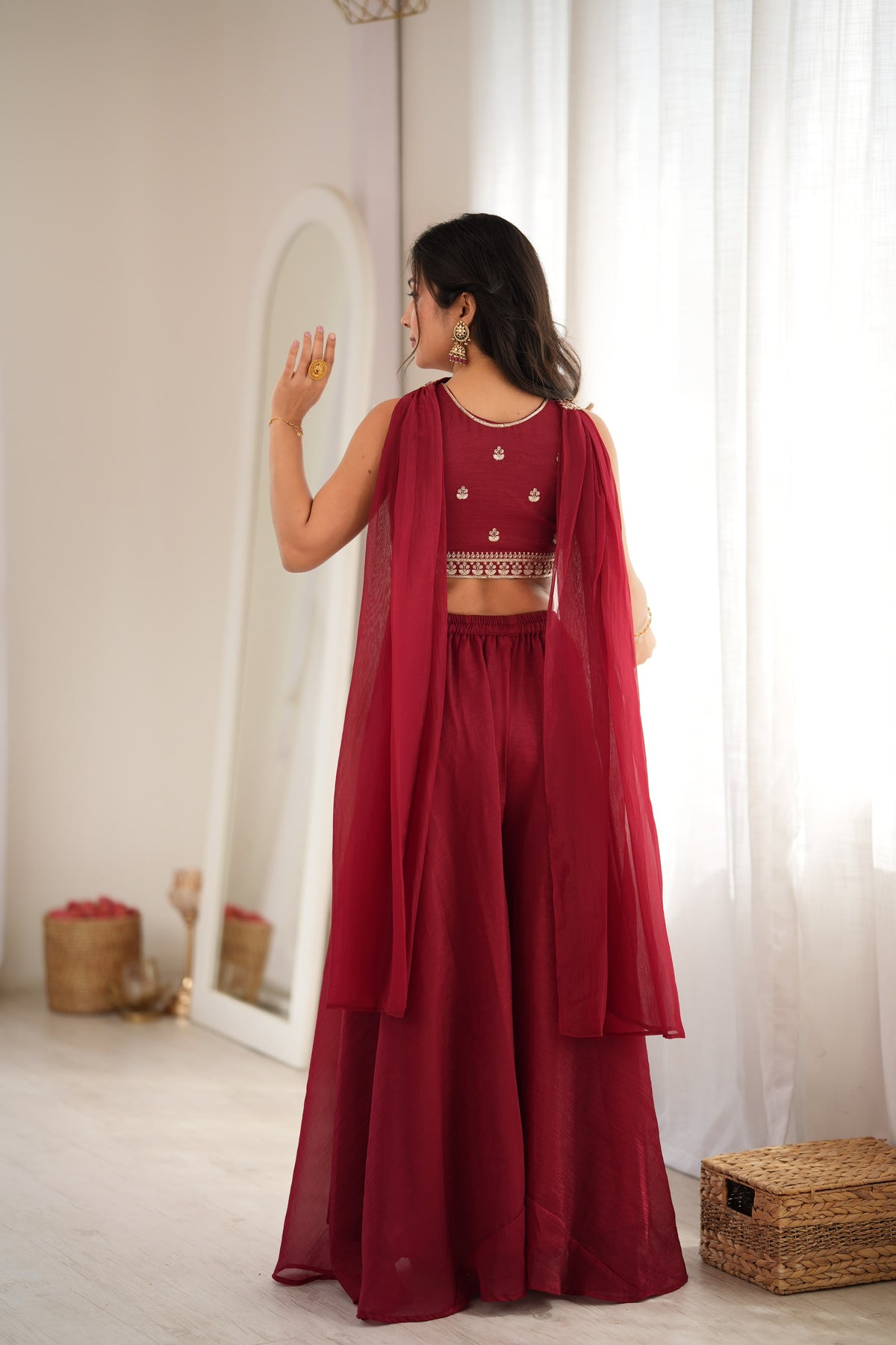 Designer Indo-Western Crunchy Silk Crop Top Palazzo Set With Neck Belt Dupatta