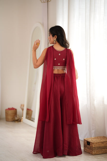 Designer Indo-Western Crunchy Silk Crop Top Palazzo Set With Neck Belt Dupatta