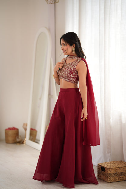 Designer Indo-Western Crunchy Silk Crop Top Palazzo Set With Neck Belt Dupatta