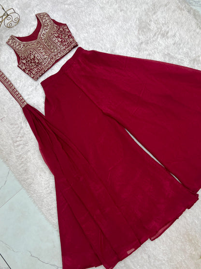 Designer Indo-Western Crunchy Silk Crop Top Palazzo Set With Neck Belt Dupatta