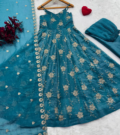 Crancy Aqua Blue Floral Maxi Embroidered Suit Set