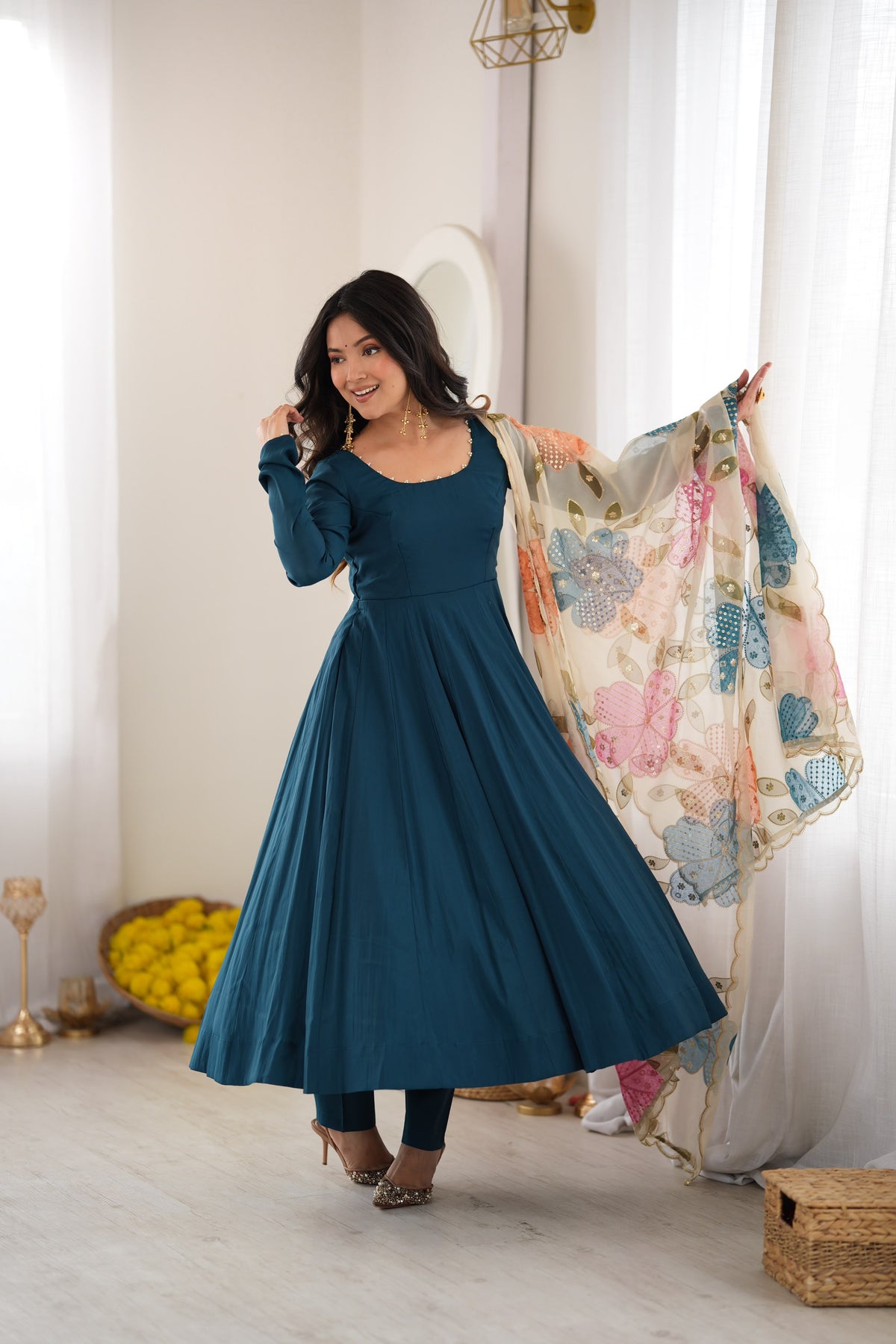 Designer Pure Roman Silk Anarkali Gown With Position Printed Dupatta & Pants
