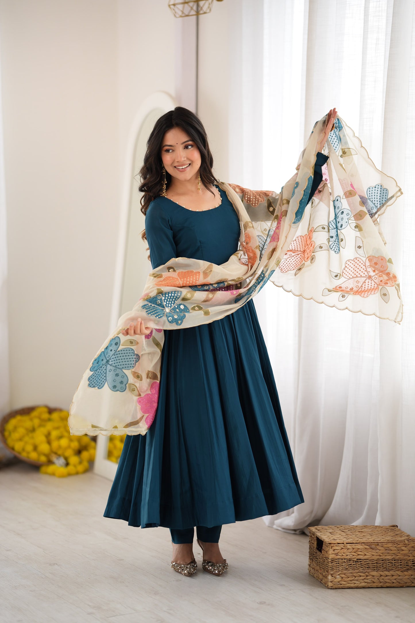 Designer Pure Roman Silk Anarkali Gown With Position Printed Dupatta & Pants
