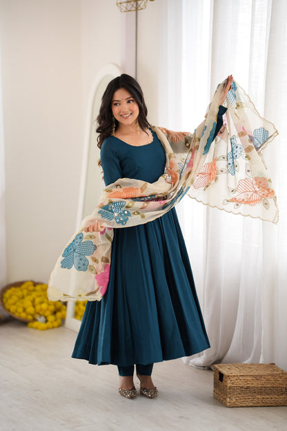 Designer Pure Roman Silk Anarkali Gown With Position Printed Dupatta & Pants