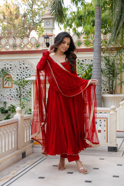 Red Faux Georgette Hand Work Anarkali Set