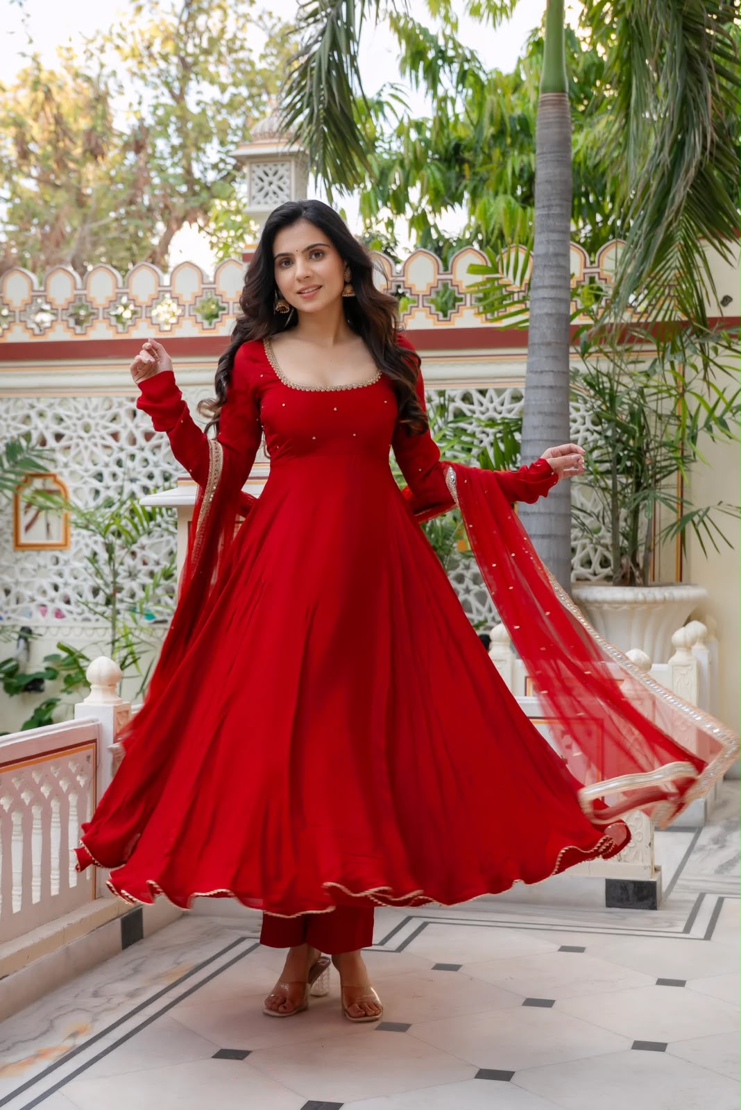 Red Faux Georgette Hand Work Anarkali Set