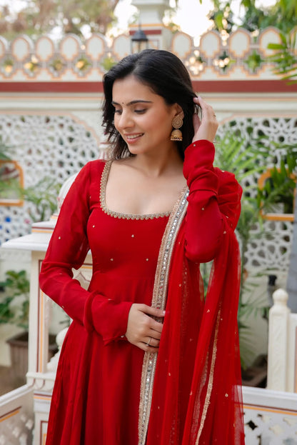 Red Faux Georgette Hand Work Anarkali Set