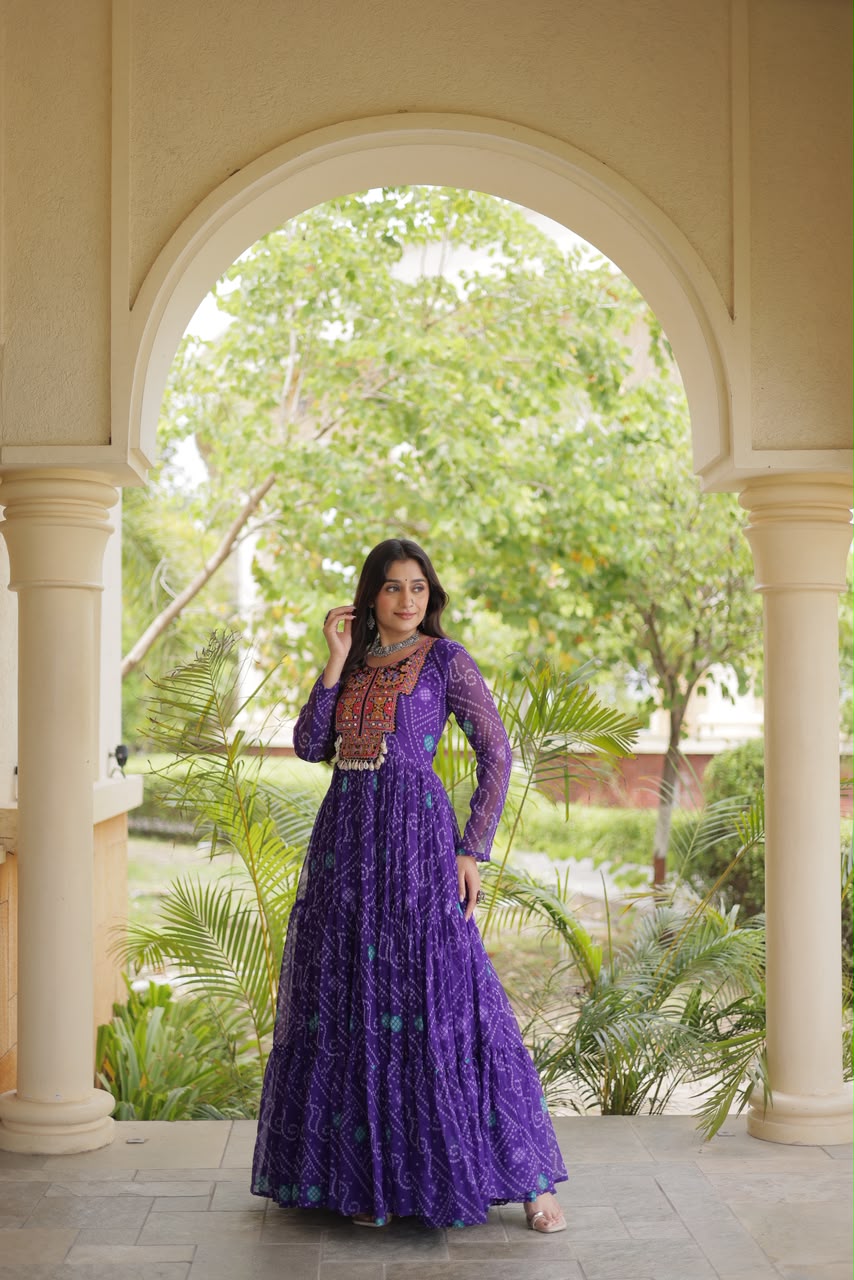 Bandhani Print Kutchi Patchwork Faux Georgette Gown