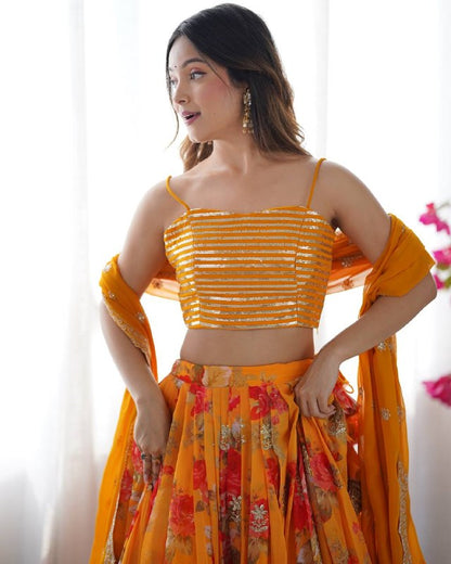 Orange Faux Georgette Printed Lehenga Choli with Koti & Dupatta