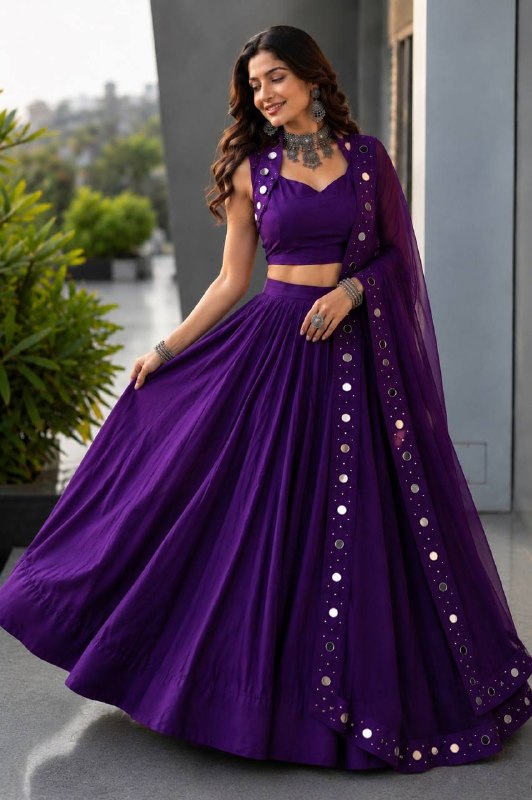 Cotton Mirror Work Purple Lehenga Choli with Georgette Dupatta