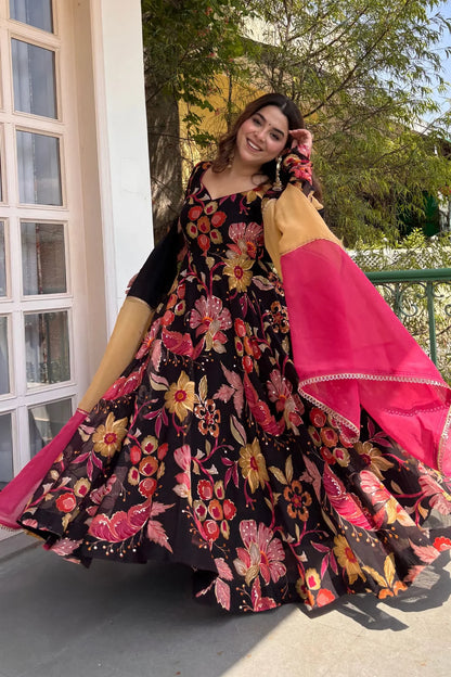 Black Floral Organza Anarkali Set with Dupatta 