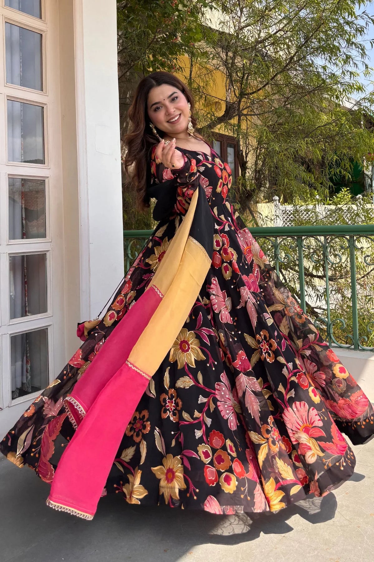 Black Floral Organza Anarkali Set with Dupatta 