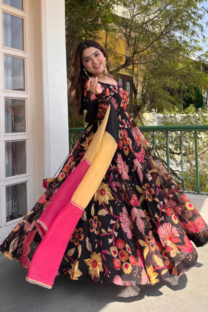 Black Floral Organza Anarkali Set with Dupatta 