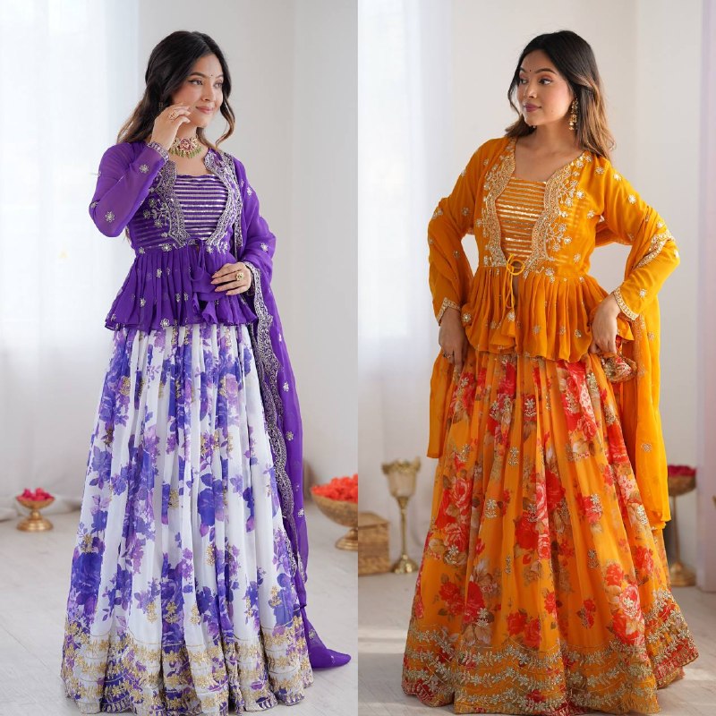 Orange Faux Georgette Printed Lehenga Choli with Koti & Dupatta