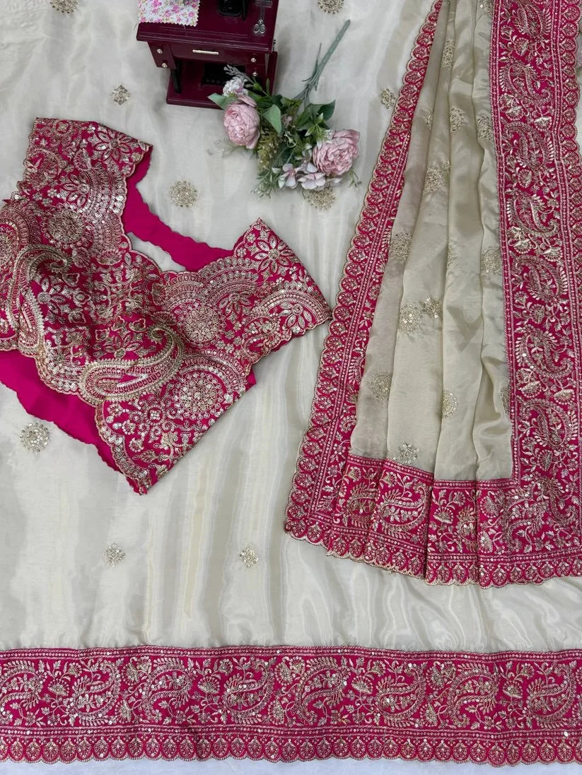 Cream Designer Organza Silk Saree