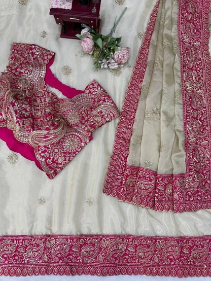 Cream Designer Organza Silk Saree