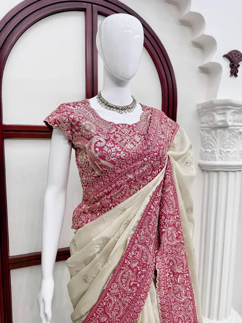 Cream Designer Organza Silk Saree