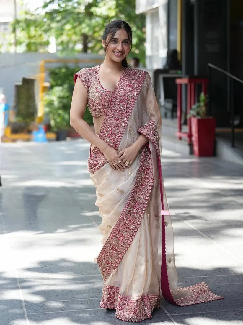 Cream Designer Organza Silk Saree