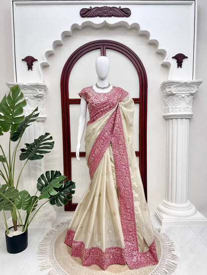 Cream Designer Organza Silk Saree