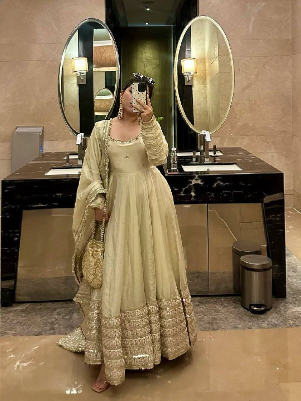 Cream Chinon Silk Embroidered Anarkali Gown