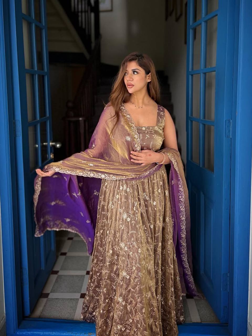 Classic Wine Flared Anarkali Suit with Dupatta