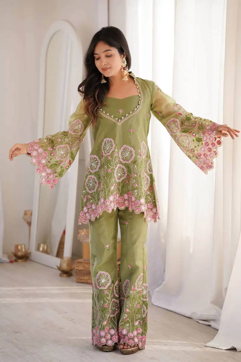 Sage Green Premium Silk Embroidered Co-Ord Set with Bell Sleeves & Bell Pant