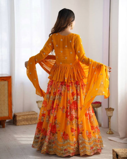 Orange Faux Georgette Printed Lehenga Choli with Koti & Dupatta