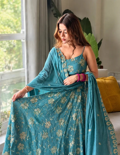 Crancy Aqua Blue Floral Maxi Embroidered Suit Set