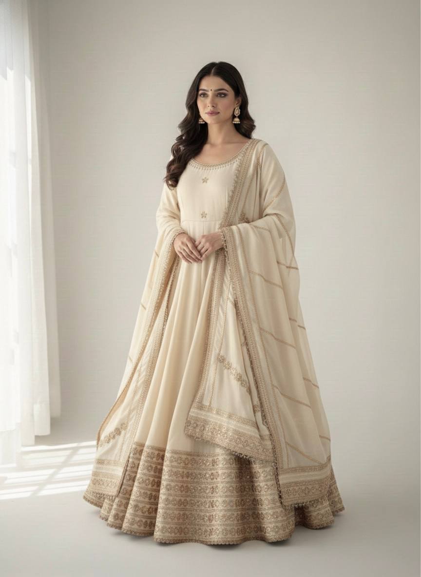 Cream Chinon Silk Embroidered Anarkali Gown