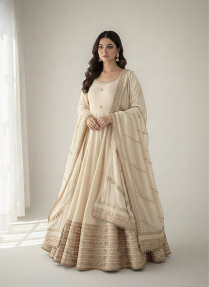 Cream Chinon Silk Embroidered Anarkali Gown