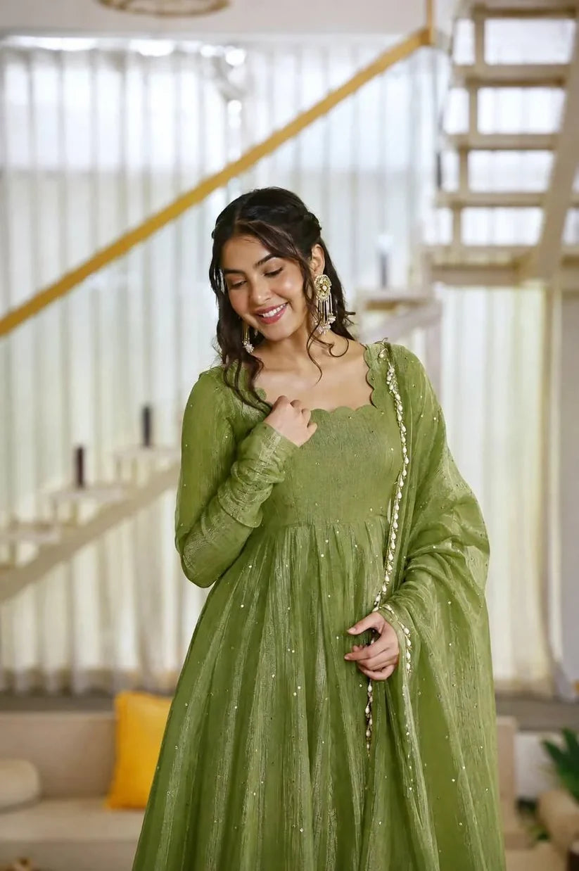 Green Anarkali Gown in Salsa Silk with Foil Work & Dupatta