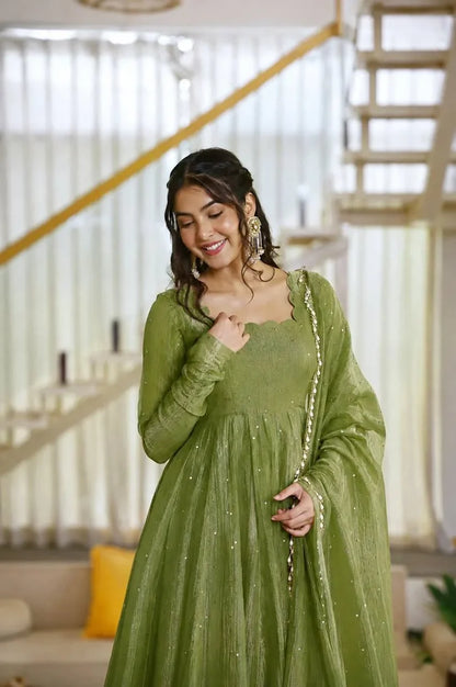Green Anarkali Gown in Salsa Silk with Foil Work & Dupatta