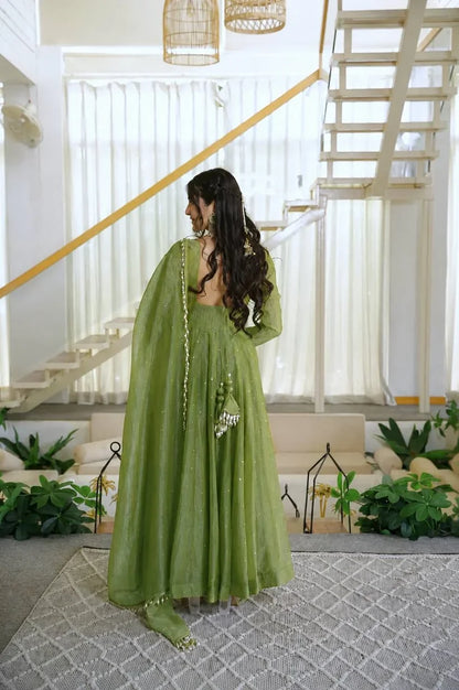 Green Anarkali Gown in Salsa Silk with Foil Work & Dupatta