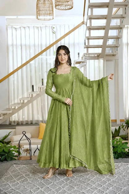 Green Anarkali Gown in Salsa Silk with Foil Work & Dupatta