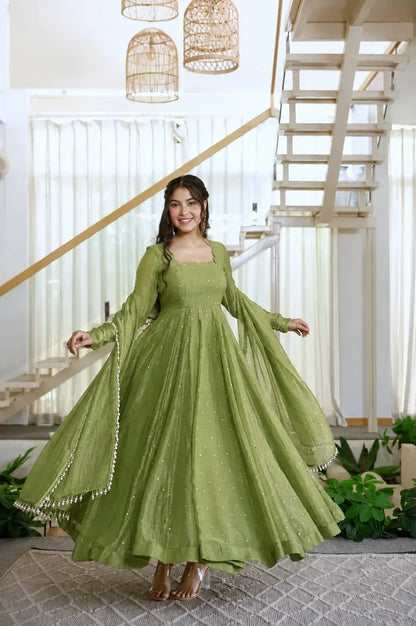 Green Anarkali Gown in Salsa Silk with Foil Work & Dupatta