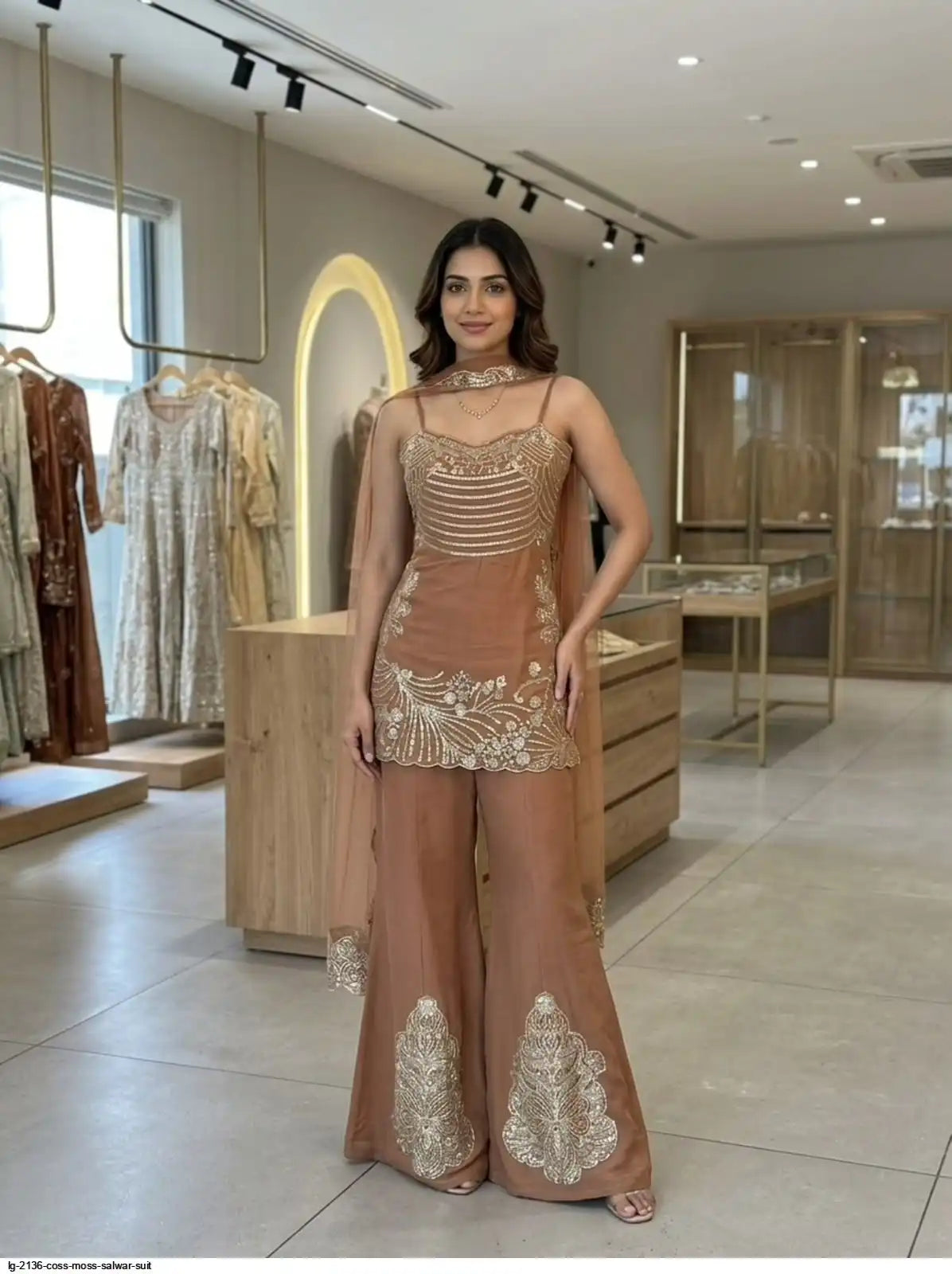 Coss Moss Brown Sequin Embroidered Palazzo Suit