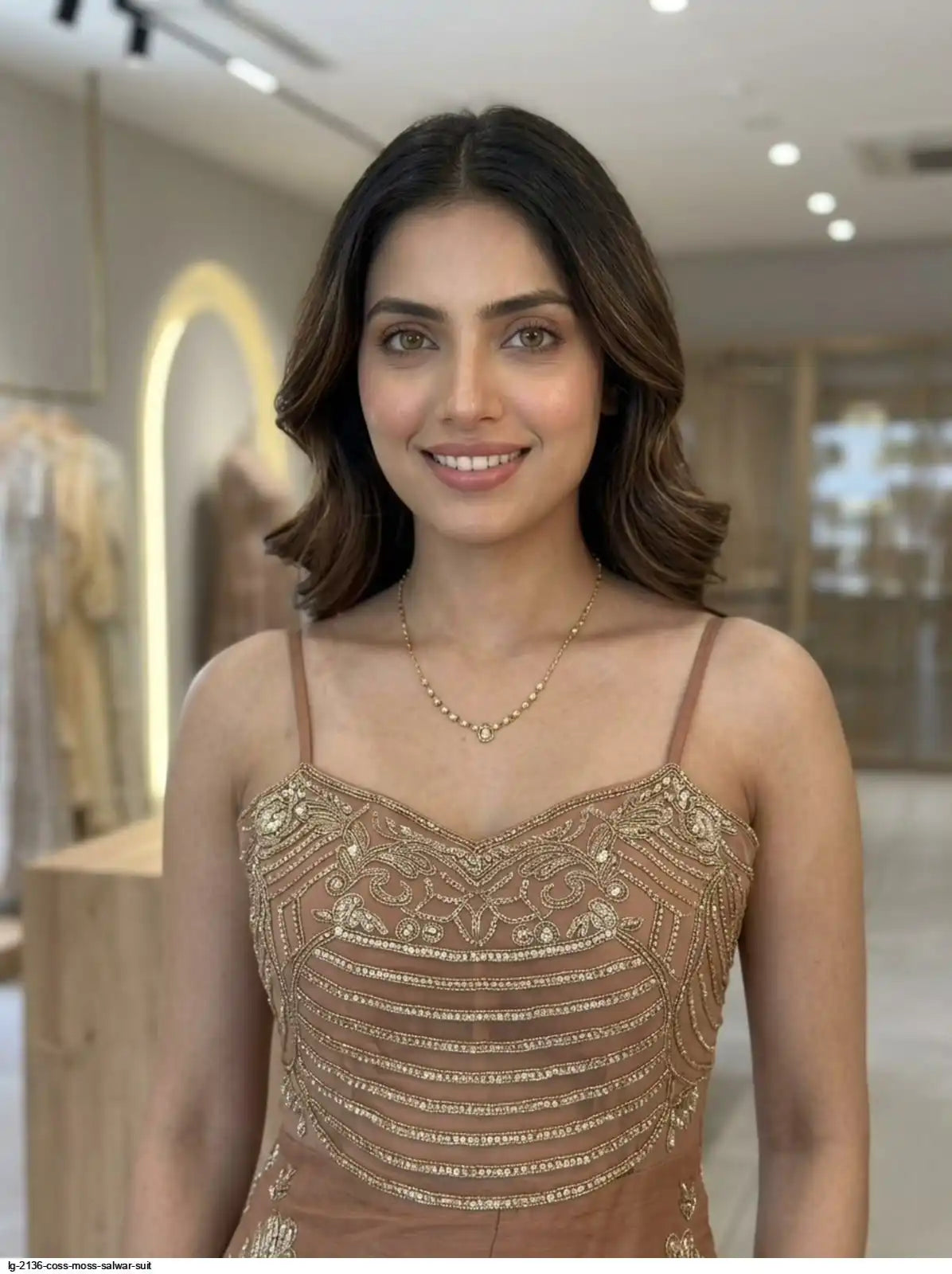 Coss Moss Brown Sequin Embroidered Palazzo Suit