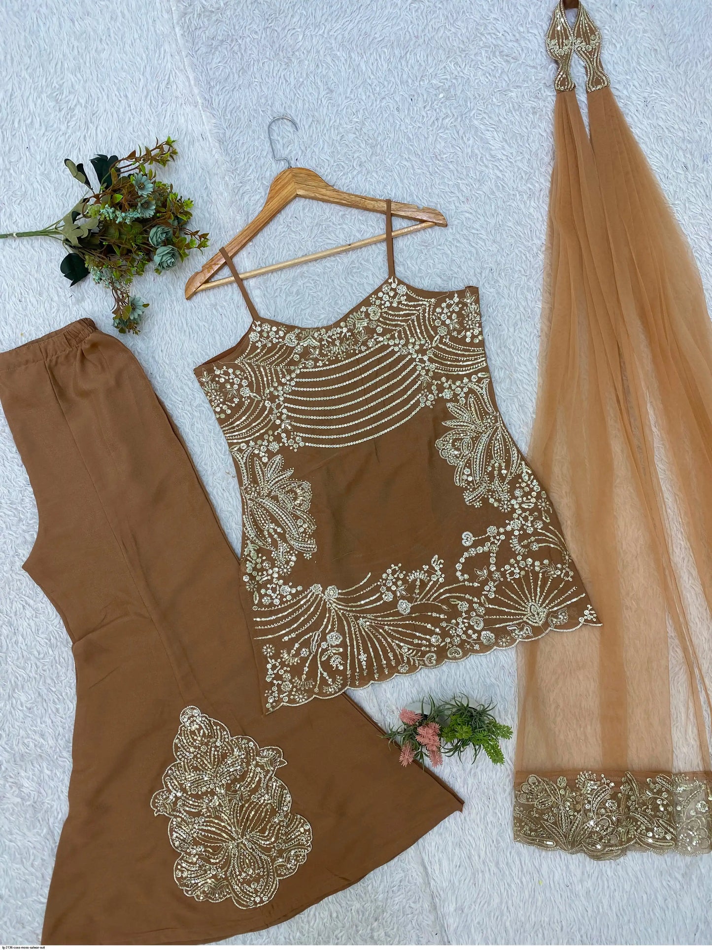 Coss Moss Brown Sequin Embroidered Palazzo Suit
