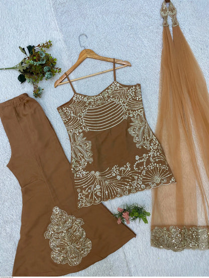 Coss Moss Brown Sequin Embroidered Palazzo Suit