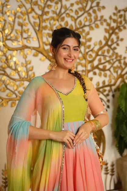 Multicolor Chiffon Anarkali Suit with Dupatta & Pant