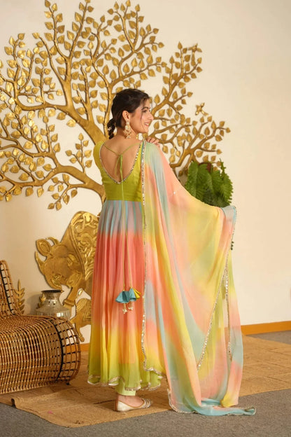 Multicolor Chiffon Anarkali Suit with Dupatta & Pant