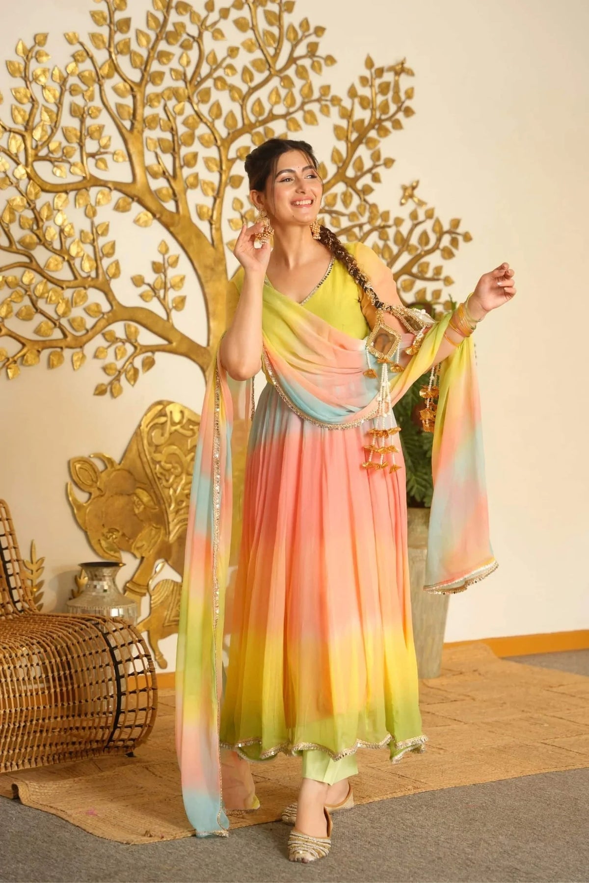 Multicolor Chiffon Anarkali Suit with Dupatta & Pant