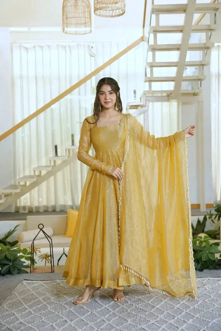 Mustard Yellow Anarkali Gown in Salsa Silk with Foil Work & Dupatta