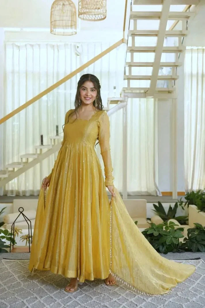 Mustard Yellow Anarkali Gown in Salsa Silk with Foil Work & Dupatta
