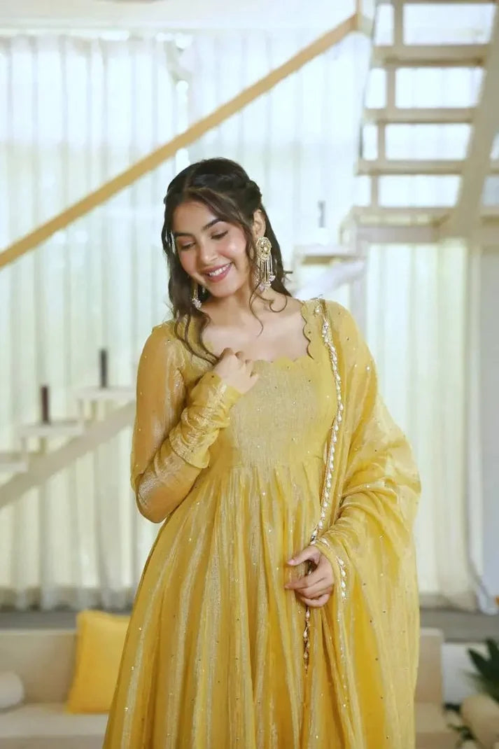 Mustard Yellow Anarkali Gown in Salsa Silk with Foil Work & Dupatta