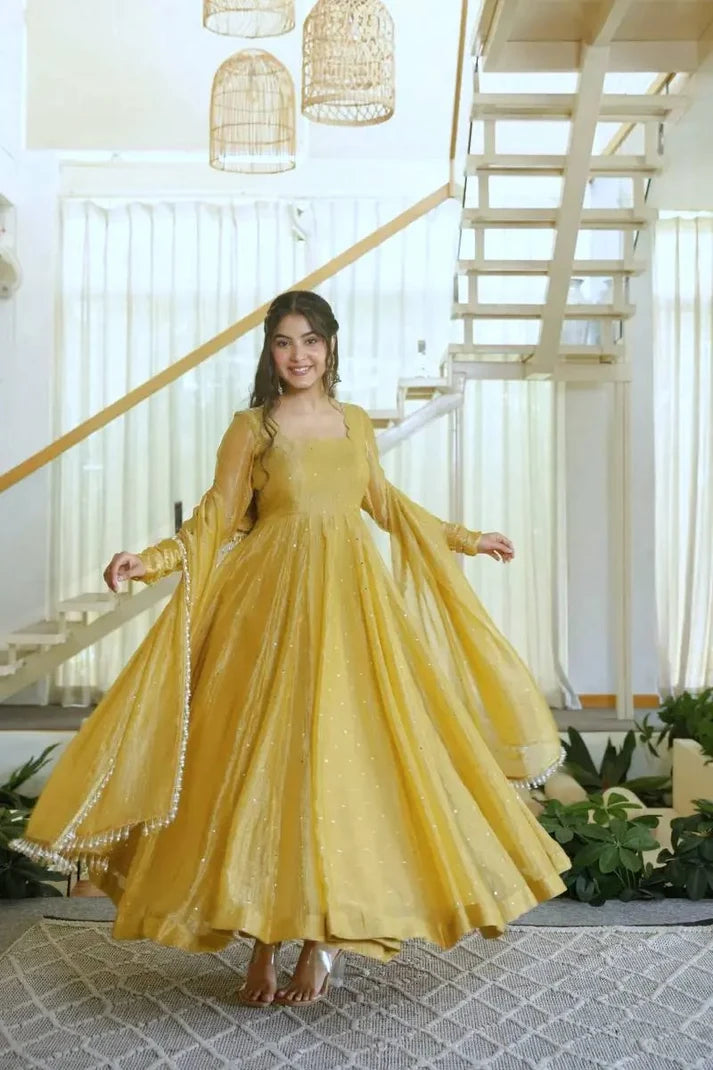 Mustard Yellow Anarkali Gown in Salsa Silk with Foil Work & Dupatta