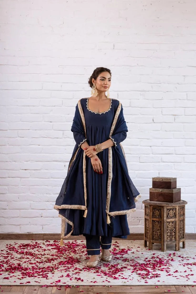 Vichitra Silk Anarkali Gown Set with Beaded Neckline & Dupatta