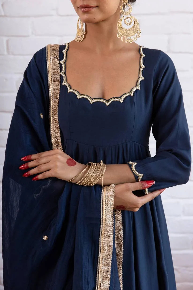 Vichitra Silk Anarkali Gown Set with Beaded Neckline & Dupatta